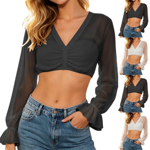 Tqcoqu Women's Long Sleeve Crop Tops,Sheer Mesh V-Neck Ruched Front Ruffle Cuff Tops,Black Women's S-XXL
