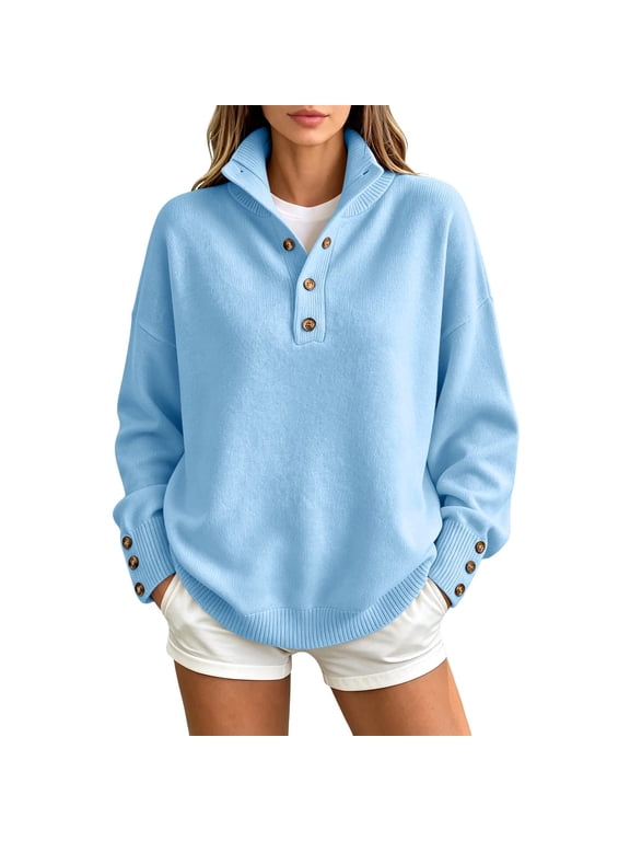 Women's Long Sleeve Henley Fall Sweater, Turtle Neck Business Casual Sweater Tops, Trendy Work Travel Wear