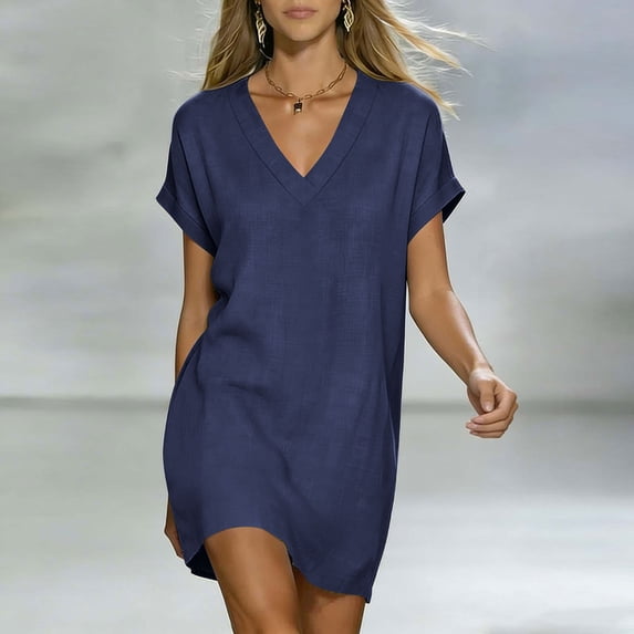 Tqcoqu Women's Midi Dress Summer Short Sleeve V-Neck Tshirt Dresses Beach Vacation Dress,Navy,Women's S-XXL