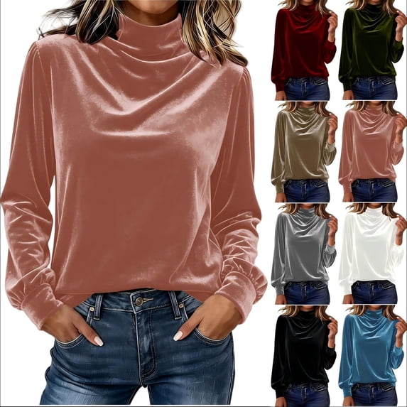Tqcoqu Women's Mock Turtleneck Velvet Top,Long Sleeve 2026 Fall Velour Shirts,Trendy Loose Dressy Casual Blouse Daily Wear