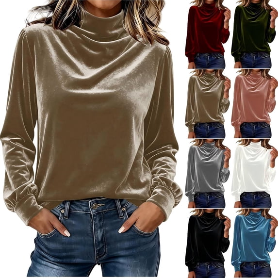 Tqcoqu Women's Mock Turtleneck Velvet Top,Long Sleeve 2026 Fall Velour Shirts,Trendy Loose Dressy Casual Blouse Daily Wear