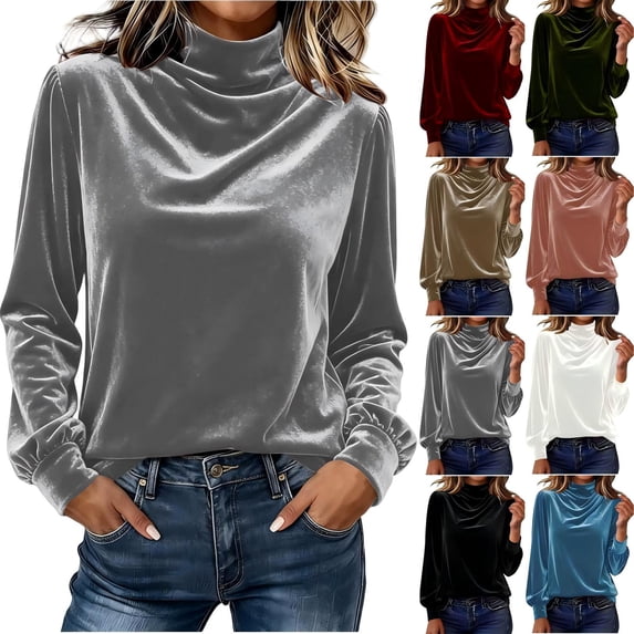 Tqcoqu Women's Mock Turtleneck Velvet Top,Long Sleeve 2026 Fall Velour Shirts,Trendy Loose Dressy Casual Blouse Daily Wear