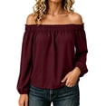 thumbnail image 1 of Tqcoqu Women's Off Shoulder Long Sleeve Cotton Linen Blouse, Elastic Ruffle Neckline Puff Sleeve Casual Solid Top, 1 of 7