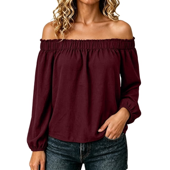 Tqcoqu Women's Off Shoulder Long Sleeve Cotton Linen Blouse, Elastic Ruffle Neckline Puff Sleeve Casual Solid Top