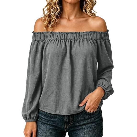 Tqcoqu Women's Off Shoulder Long Sleeve Cotton Linen Blouse, Elastic Ruffle Neckline Puff Sleeve Casual Solid Top