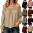 thumbnail image 1 of Tqcoqu Women's Off Shoulder Long Sleeve Cotton Linen Blouse, Elastic Ruffle Neckline Puff Sleeve Casual Solid Top, 1 of 8