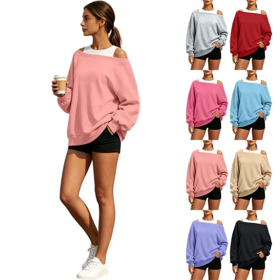 Tqcoqu Women's Off Shoulder Long Sleeve Sweatshirt, Oversized Drop Shoulder Loose Casual Pullover Tops for Fall