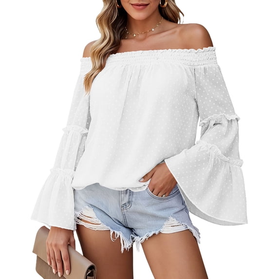 Tqcoqu Women's Off Shoulder Top,Ruffle Long Sleeve Chiffon Blouse,Casual Loose Trendy Shirts,White Women's S-XXL