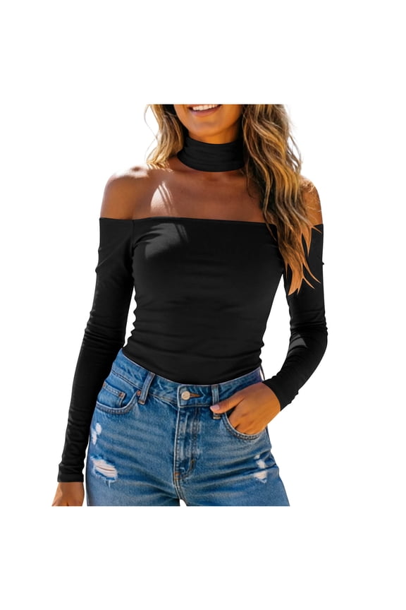 Women's Off Shoulder Tops,Long Sleeve Slim Fit Stretchy Shirts Blouses Top,Matching Choker Neckline & Built-in Bra,Black Women's XS-XXL