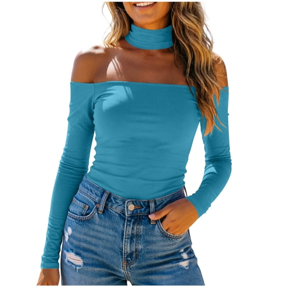 Tqcoqu Women's Off Shoulder Tops,Long Sleeve Slim Fit Stretchy Shirts Blouses Top,Matching Choker Neckline & Built-in Bra,Light Blue Women's XS-XXL