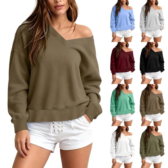 Tqcoqu Women's Off Shoulder V Neck Sweatshirts,2026 Fall Long Sleeve Pullover Tops,Lightweight Comfy Y2K Casual Fall Outfits