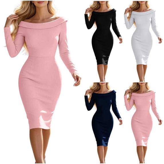 Tqcoqu Women's Off The Shoulder Midi Bodycon Dress,Long Sleeve Fold Over Neck Slim Fit Sheath Cocktail Dress