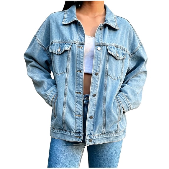 Tqcoqu Women's Oversized Lapel Denim Jacket,Long Sleeve Button Down Classic Trucker Coat with Pockets,2026 Spring Fall Trendy Clothes,Light Blue Women's S-XXL