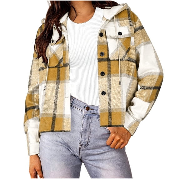 Tqcoqu Women's Plaid Cropped Hooded Shacket,Long Sleeve Button Down Loose Casual Jacket With Chest Pockets
