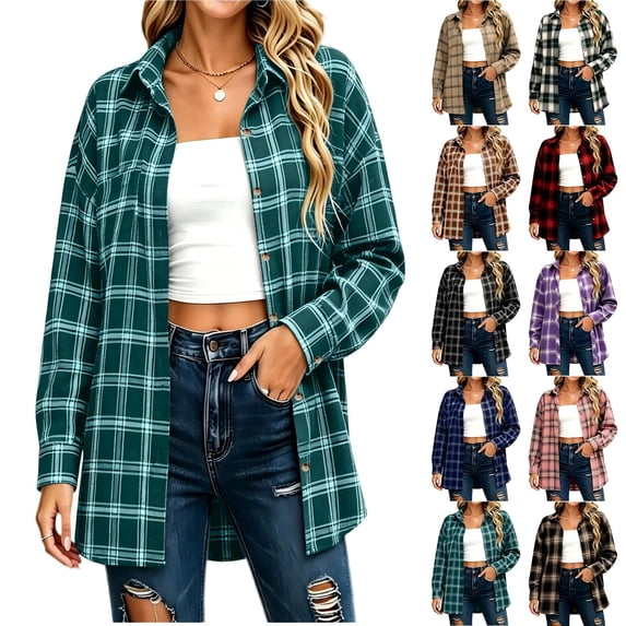Tqcoqu Women's Plaid Flannel Shirt Jacket,Collared Long Sleeve Button Down Oversized Casual Checkered Shacket Tops For Fall,Mint Green Women's S-XXL