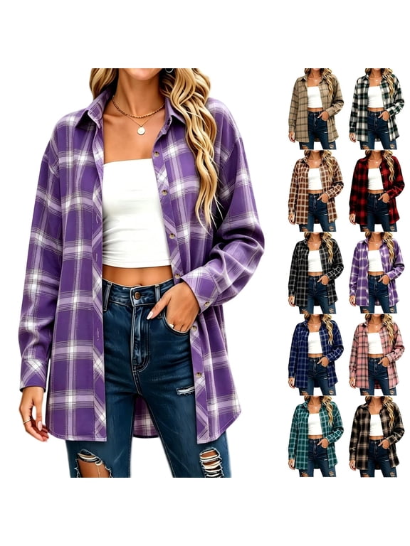 Women's Plaid Flannel Shirt Jacket,Collared Long Sleeve Button Down Oversized Casual Checkered Shacket Tops For Fall,Purple Women's S-XXL