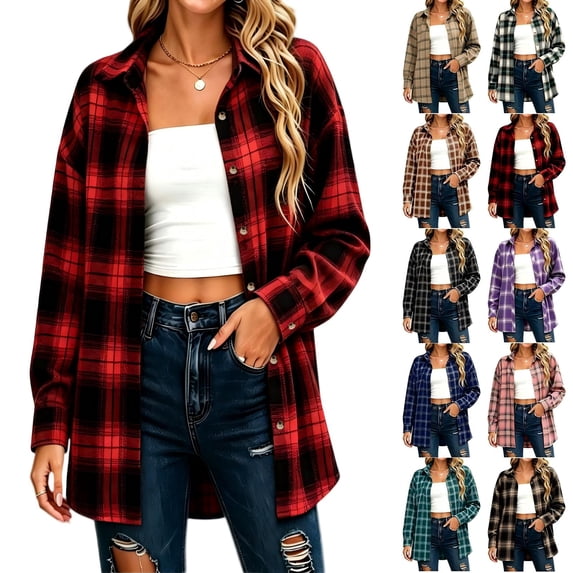 Tqcoqu Women's Plaid Flannel Shirt Jacket,Collared Long Sleeve Button Down Oversized Casual Checkered Shacket Tops For Fall,Red Women's S-XXL