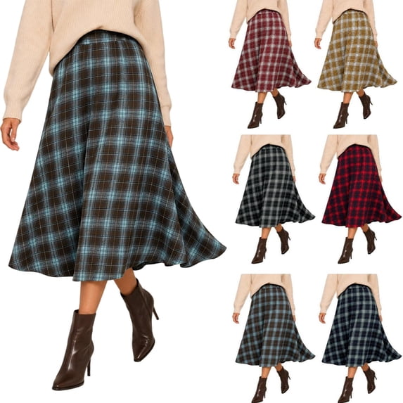 Tqcoqu Women's Plaid High Waist A Line Midi Skirt, Elastic Waist Flared Long Flowy Skirt for Autumn Casual Wear,Women's,Size S-XXL