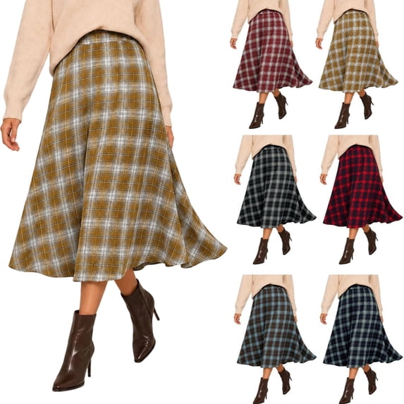 Tqcoqu Women's Plaid High Waist A Line Midi Skirt, Elastic Waist Flared Long Flowy Skirt for Autumn Casual Wear,Women's,Size S-XXL