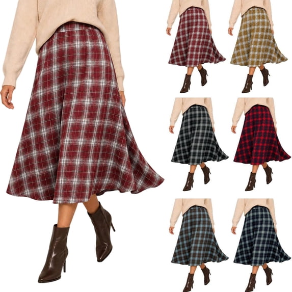 Tqcoqu Women's Plaid High Waist A Line Midi Skirt, Elastic Waist Flared Long Flowy Skirt for Autumn Casual Wear,Women's,Size S-XXL