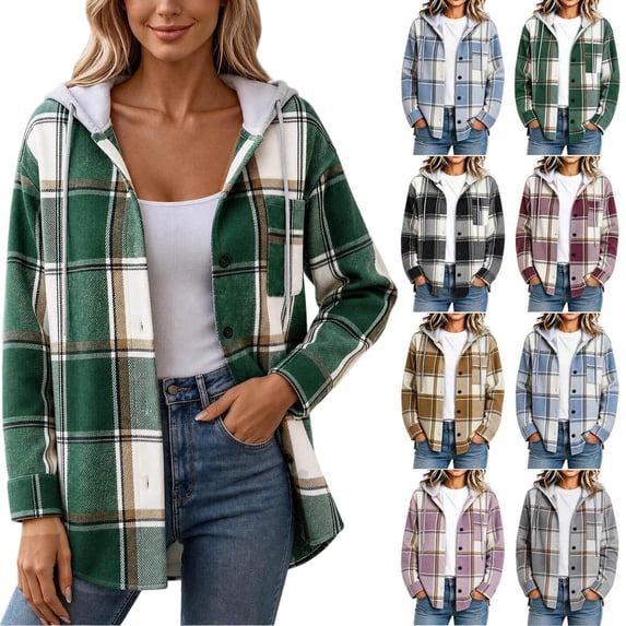 Tqcoqu Women's Plaid Hooded Shacket, Button Down Long Sleeve Plaid Open Front Jacket With Pockets