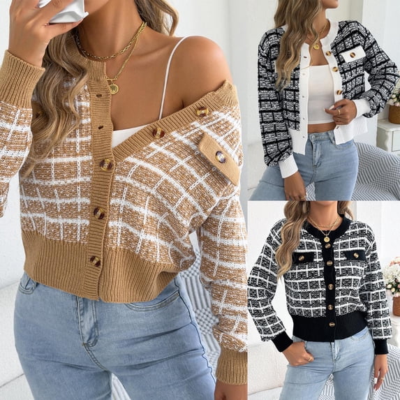 Tqcoqu Women's Plaid Knit Cardigan Long Sleeve Single Breasted Fake Pocket Button Front Cropped Fall Winter Sweater Jacket,Women's S-XL