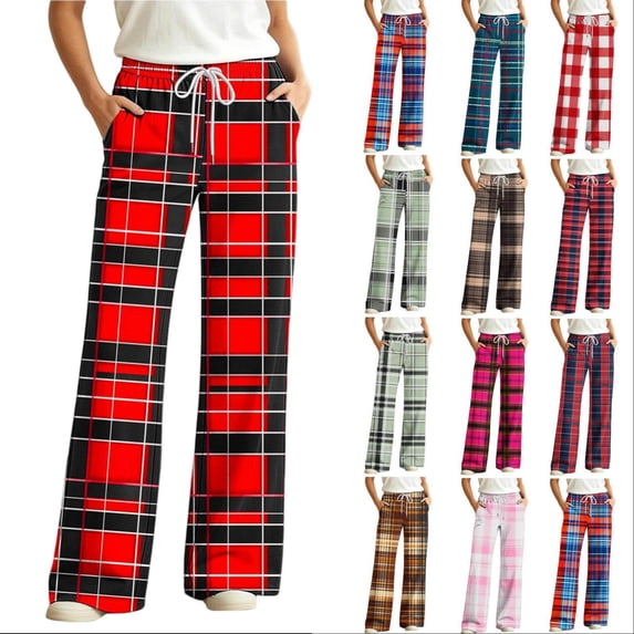 Tqcoqu Women's Plaid Print Wide Leg Pants, Elastic Waist Casual Lounge Sleep Long Trousers, Long Pajama Bottoms with Drawstring and Pockets,Women's S-XXL