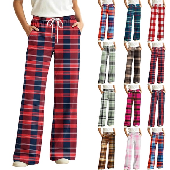 Tqcoqu Women's Plaid Print Wide Leg Pants, Elastic Waist Casual Lounge Sleep Long Trousers, Long Pajama Bottoms with Drawstring and Pockets,Women's S-XXL