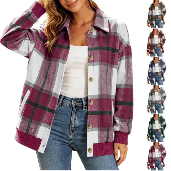 Tqcoqu Women's Plaid Shacket with Pocket,Lapel Button Down Loose Long Sleeve Casual Overshirt Jacket,2026 Fall Trendy Clothes