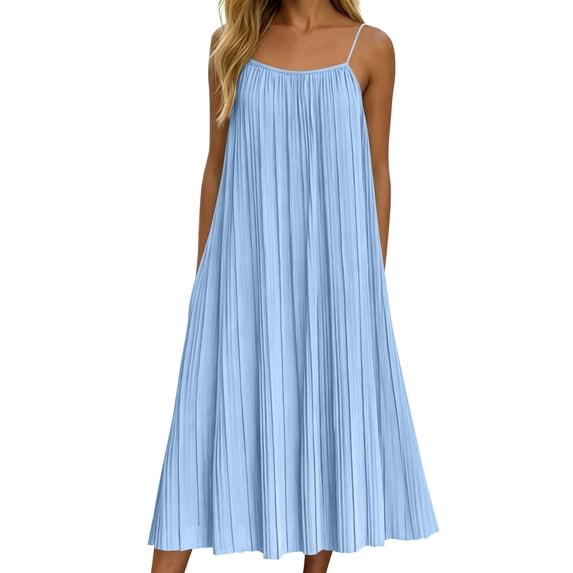 Tqcoqu Women's Pleated Midi Dressed,Spaghetti Strap Sleeveless Loose Summer Sundress,Loose Flowy Beach Vacation Sundress,Light Blue Women's S-XXL