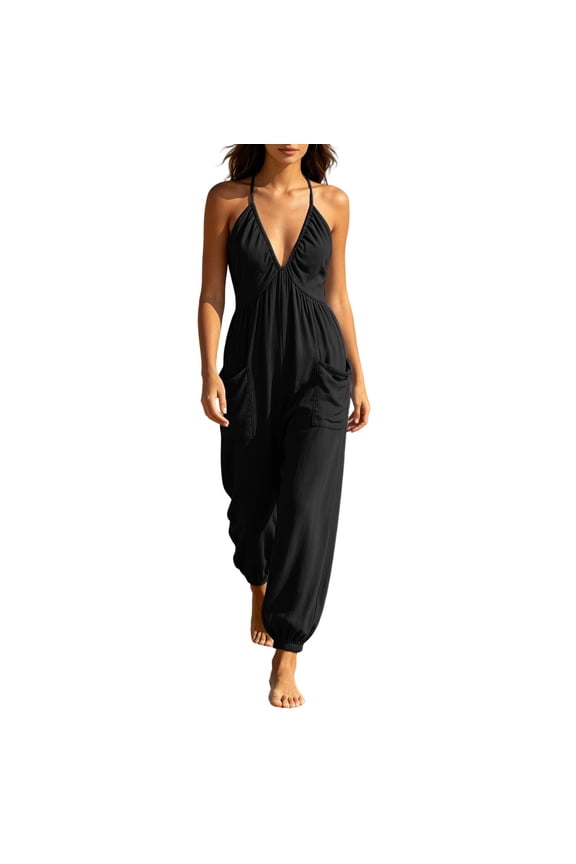 Women's Plunge Halter Sleeveless Pleated Long Romper,Knit Jogger Maxi Jumpsuit with Pockets,Black Women's S-XXL