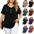 thumbnail image 1 of Tqcoqu Women's Plus Size V Neck Button Henley T-Shirts,Heathered Cotton Short Sleeve Casual Tunic Tops,Black Women's L-XXXXXL, 1 of 10