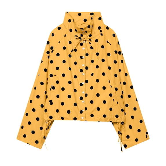 Tqcoqu Women's Polka Dot Cropped Jacket,Stand Collar Button Down Lightweight Oxford Cloth Windbreaker With Drawstring Hem And Pockets