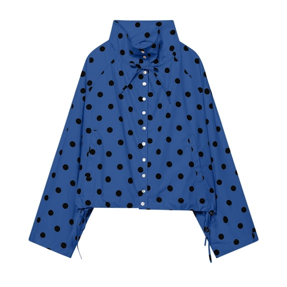 Tqcoqu Women's Polka Dot Cropped Jacket,Stand Collar Button Down Lightweight Oxford Cloth Windbreaker With Drawstring Hem And Pockets