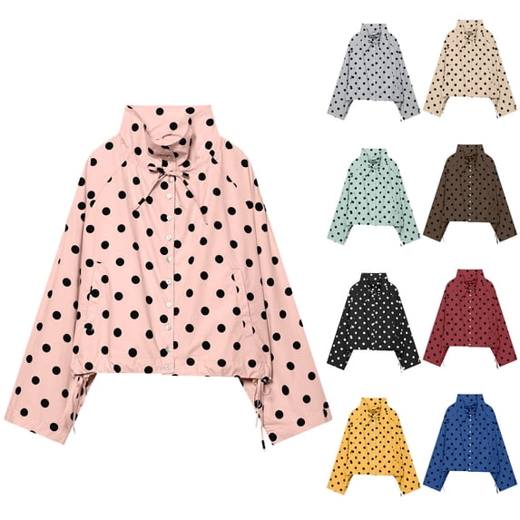 Tqcoqu Women's Polka Dot Cropped Jacket,Stand Collar Button Down Lightweight Oxford Cloth Windbreaker With Drawstring Hem And Pockets