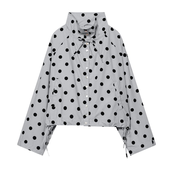 Tqcoqu Women's Polka Dot Cropped Jacket,Stand Collar Button Down Lightweight Oxford Cloth Windbreaker With Drawstring Hem And Pockets