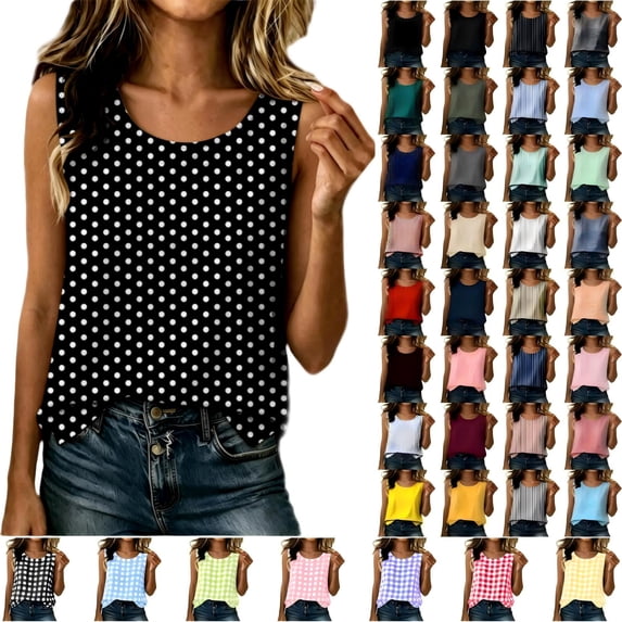 Tqcoqu Women's Polka Dot Print Round Neck Camisole,Sleeveless Loose Side Slit Summer Casual Tank Top,Black Women's S-XXXL