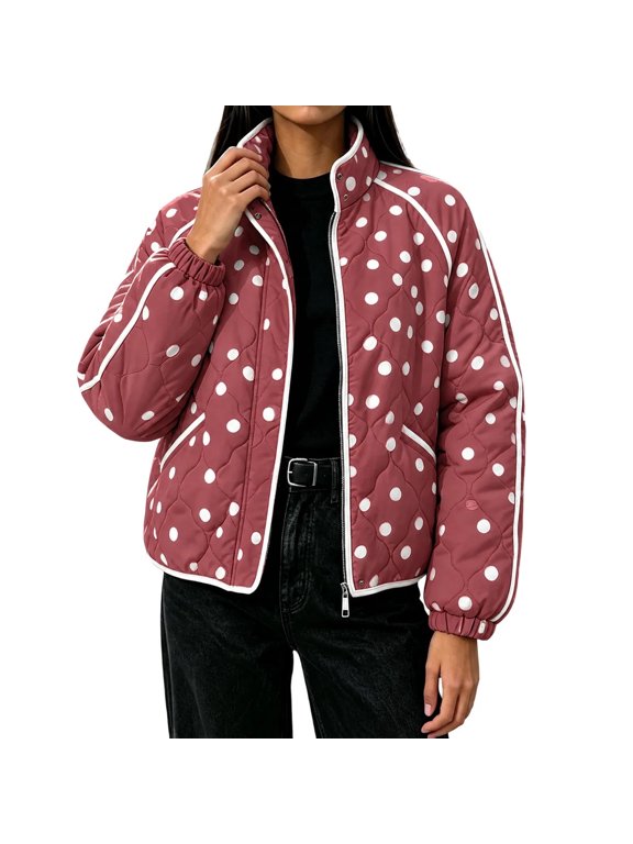 Women's Polka Dot Quilted Jacket, Stand Collar Zip Up Long Sleeve Padded Coat with Pockets for Fall Winter,Women's,Size S-XXXL