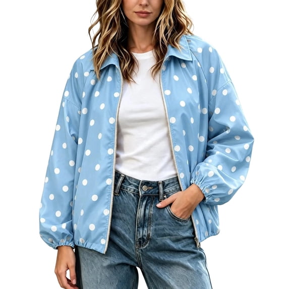 Tqcoqu Women's Polka Dot Zip Up Jacket, Lapel Collar Bubble Sleeve Loose Lightweight Windbreaker Casual Outerwear,Women's,Size M-XXXL