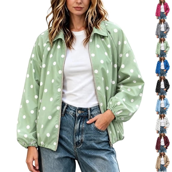 Tqcoqu Women's Polka Dot Zip Up Jacket, Lapel Collar Bubble Sleeve Loose Lightweight Windbreaker Casual Outerwear,Women's,Size M-XXXL
