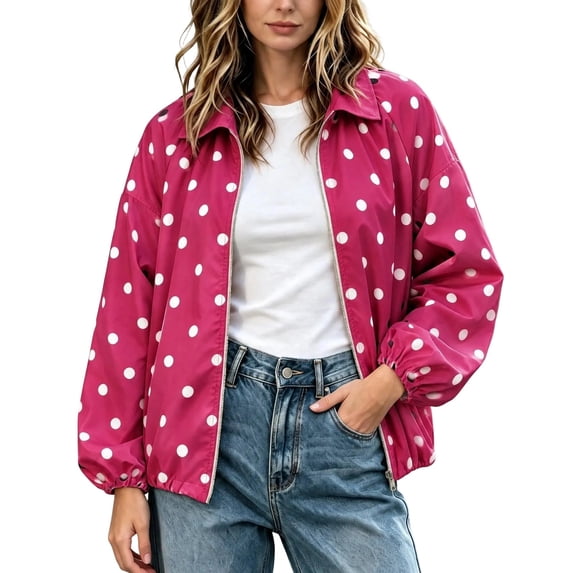 Tqcoqu Women's Polka Dot Zip Up Jacket, Lapel Collar Bubble Sleeve Loose Lightweight Windbreaker Casual Outerwear,Women's,Size M-XXXL