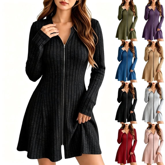 Tqcoqu Women's Ribbed Knit Mini Dress,Full Zip V Neck Long Sleeve Slim Fit Flared Hem Casual Swing Dresses,Black Women's S-XXL