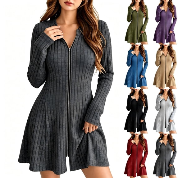 Tqcoqu Women's Ribbed Knit Mini Dress,Full Zip V Neck Long Sleeve Slim Fit Flared Hem Casual Swing Dresses,Dark Gray Women's S-XXL