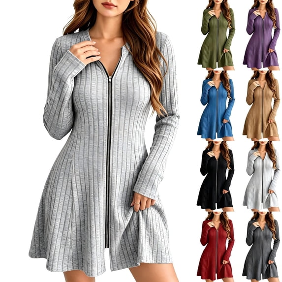 Tqcoqu Women's Ribbed Knit Mini Dress,Full Zip V Neck Long Sleeve Slim Fit Flared Hem Casual Swing Dresses,Gray Women's S-XXL