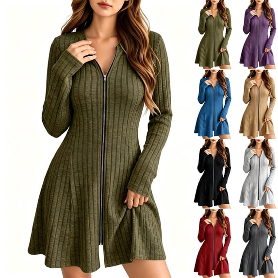 Tqcoqu Women's Ribbed Knit Mini Dress,Full Zip V Neck Long Sleeve Slim Fit Flared Hem Casual Swing Dresses,Green Women's S-XXL