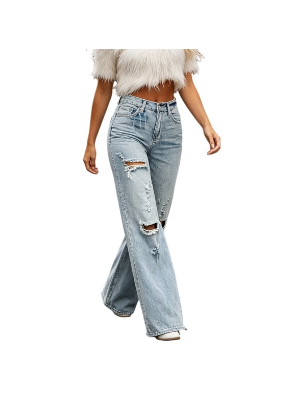Women’s Ripped Jeans High Waisted Distressed Baggy Straight Wide Leg Pants,Blue Women's S-XXL