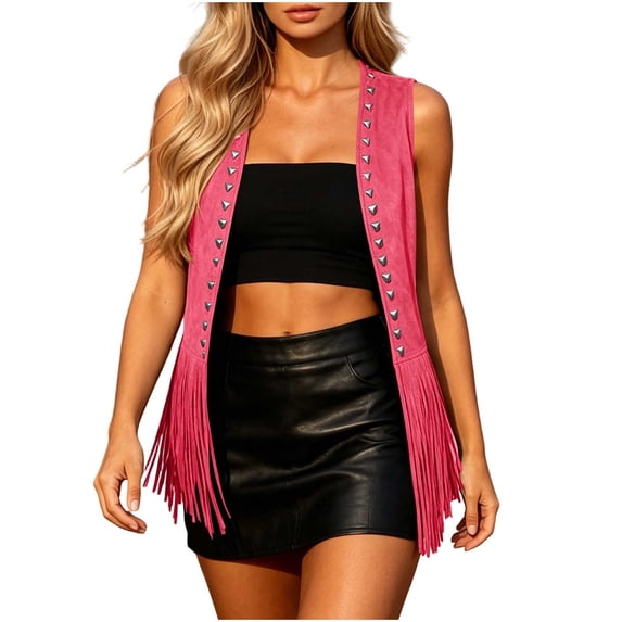 Tqcoqu Women's Rivet Fringe Suede Vest,Open Front Sleeveless Western Cowboy Style Casual Layering Waistcoat Jacket