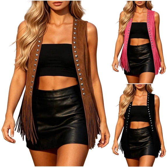 Tqcoqu Women's Rivet Fringe Suede Vest,Open Front Sleeveless Western Cowboy Style Casual Layering Waistcoat Jacket