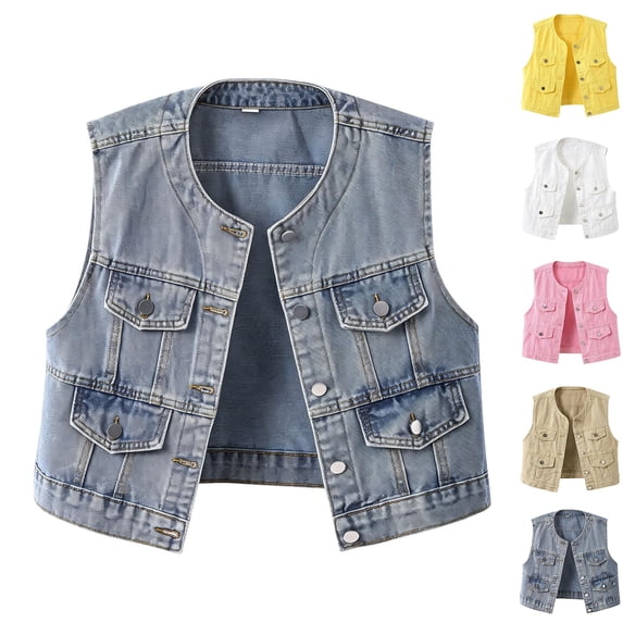 Tqcoqu Women's Round Collar Sleeveless Denim Vest Multi Pocket,Button Down Waistcoat Plus Size Jacket,2026 Spring Fall Trendy Clothes,Blue Women's S-XXXXXL