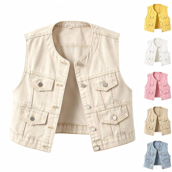 Tqcoqu Women's Round Collar Sleeveless Denim Vest Multi Pocket,Button Down Waistcoat Plus Size Jacket,2026 Spring Fall Trendy Clothes,Khaki Women's S-XXXXXL